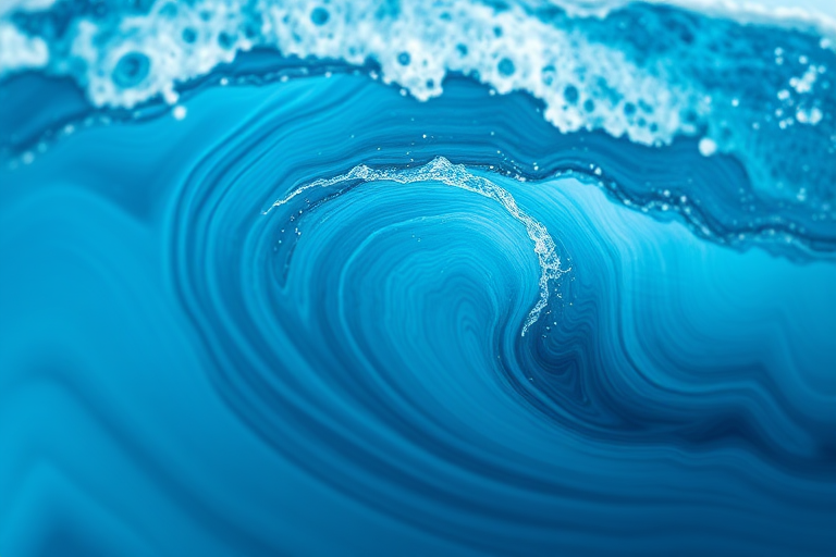 Create a high-resolution abstract blue ocean wave painting with swirling textures, captured using a DSLR camera at f/2.8, ISO 100, 1/60s shutter speed, in a close-up view with a soft-focus background to enhance depth.