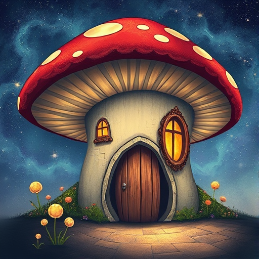 this picture is illustration of a mushroom house with a door and a window, a storybook , fantasy art, mushroom house, bg starry sky, sparkles