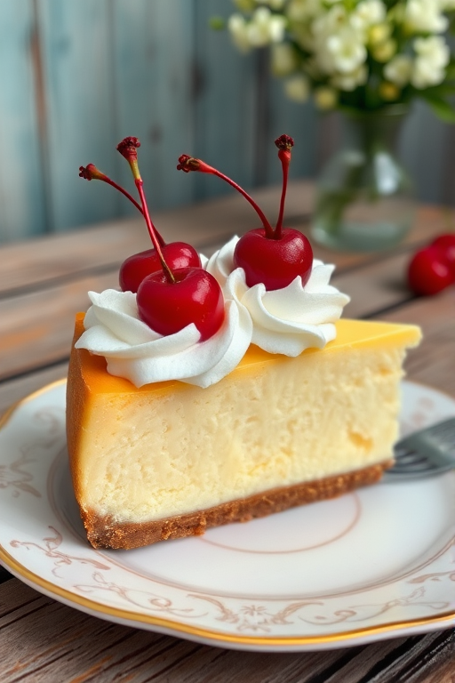 A beautifully sliced piece of creamy cheesecake topped with whipped cream and cherries, served on a delicate plate, with a rustic wooden table in the background and a vase of delicate white flowers.