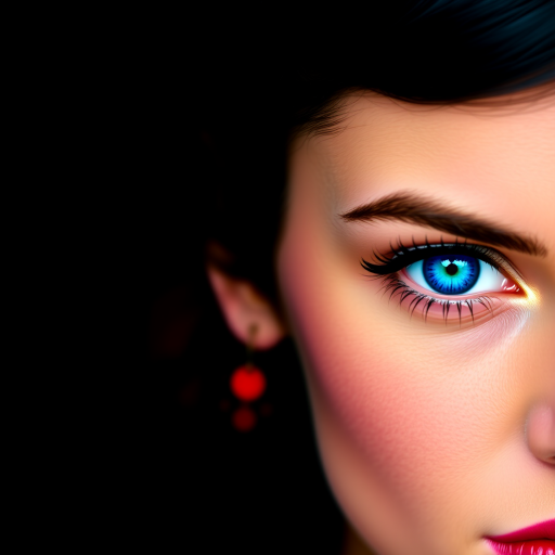 Create a high-resolution vector image of a woman with one half of her face visible, featuring bright blue eyes, bold red polka dot earrings, and dark hair against a solid black background, shot with a DSLR camera at f/2.8, 50mm lens, 1/125s shutter speed, and vibrant colors for visual impact.