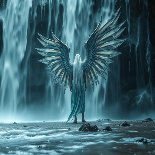 A fantasy scene depicting a mystical figure with large, majestic wings standing in a waterfall with ethereal lighting, captured with a Canon EOS R5, 50mm lens, f/1.8, ISO 200, long exposure to enhance water flow effects, with a low-angle shot to emphasize the figure's presence against the cascading water.