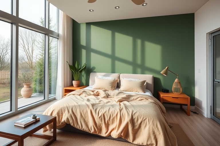 A modern bedroom interior with a large window allowing natural light, featuring a cozy bed with beige blankets, wooden furniture, decorative lamps, and green accent wall, taken with a DSLR camera at f/2.8, ISO 100, 24mm lens, capturing a wide-angle view for enhanced detail and depth.