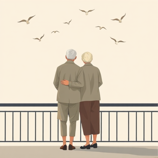 Create a minimalistic illustration of an elderly couple standing together by a railing, with a plain background and a few birds flying above them, using a high-resolution digital art style with soft color tones, and set the camera to a 50mm lens at f/2.8, ISO 100, and a shallow depth of field for an elegant focus on the couple.