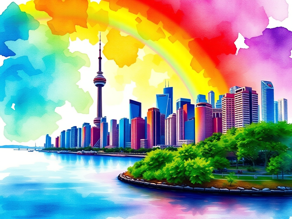 Create a vibrant watercolor illustration of a city skyline featuring a prominent tower, with a rainbow arching over the scene, incorporating lush greenery around the water's edge, using a DSLR camera with a 50mm lens, f/2.8 aperture, ISO 100, 1/125s shutter speed, shot at a low angle to emphasize the height of the buildings, focusing on vivid color saturation and sharp detail.