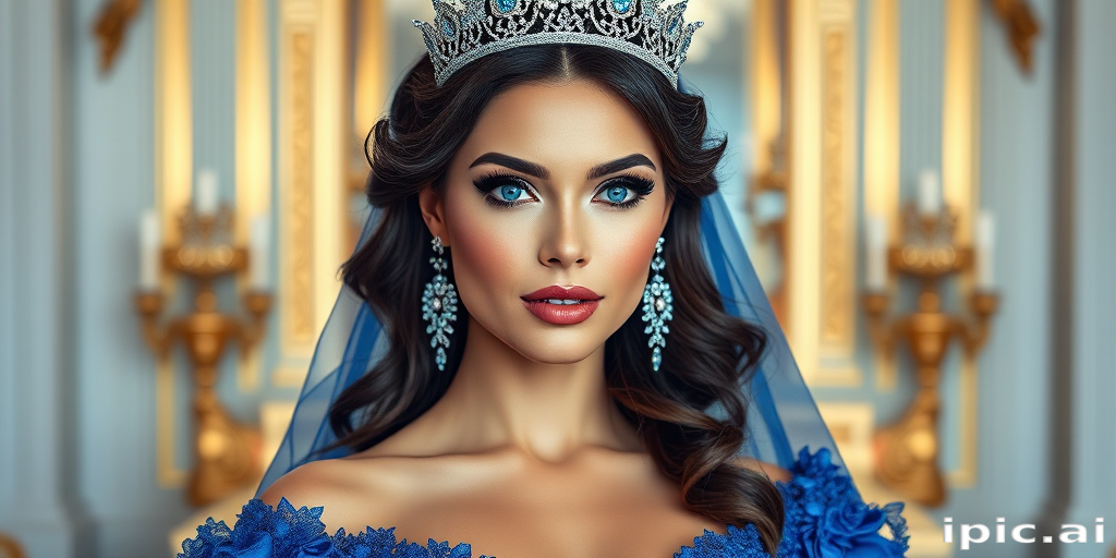 A gorgeous woman in a luxurious blue gown, accessorized with a dazzling tiara and statement earrings, her deep blue eyes highlighted by impeccable makeup, poised in a royal setting, photorealistic, 8K quality