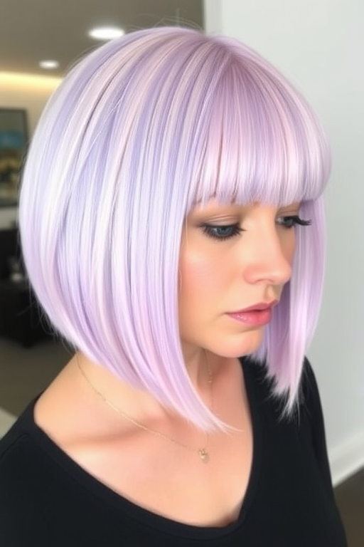 Pastel lavender bob with blunt bangs, designed by "Whimsical Wisps" hair studio, featuring a sleek, chin-length cut with slightly textured ends, accented by pale pink babylights that create a dreamy, cotton candy-like effect, perfect for those seeking a soft, romantic aesthetic.