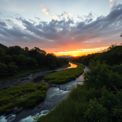 Create an image of a serene landscape at sunset with a gentle river flowing through lush greenery, using a DSLR camera at f/8 aperture, ISO 100, 1/60s shutter speed, with a wide-angle lens and soft focus.