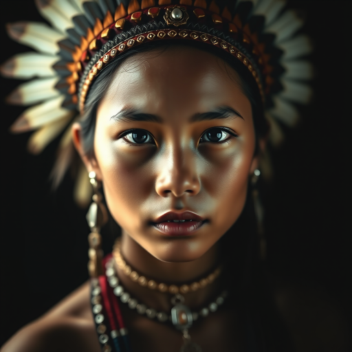 portrait of a young woman with indigenous features wearing traditional jewelry and feathered headdress, soft diffused lighting, shallow depth of field, 85mm lens, f/1.8 aperture, ISO 200, captured with a DSLR camera, dark background for contrast