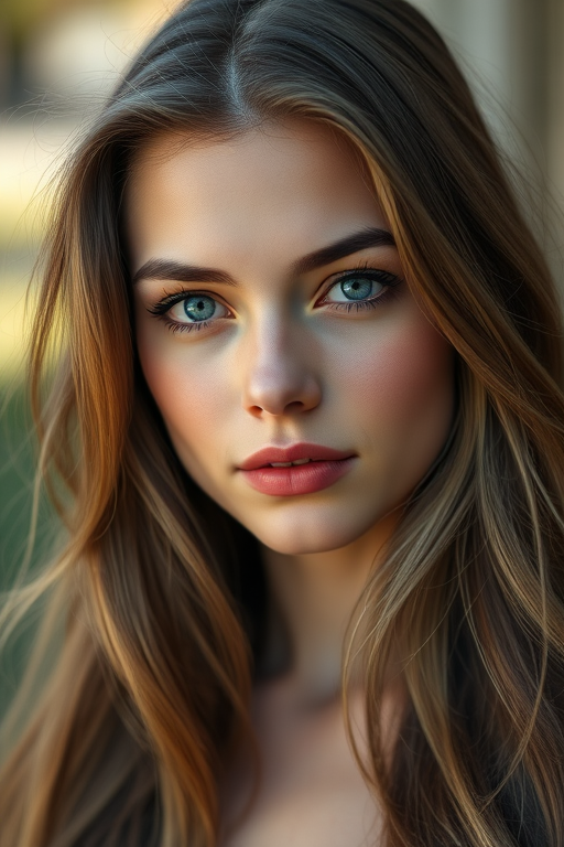 Portrait of a young woman with long, flowing hair, soft features, and striking gray eyes, captured with a Canon EOS R5 at f/1.8, 85mm lens, ISO 100, using natural light with a shallow depth of field for a soft bokeh effect.