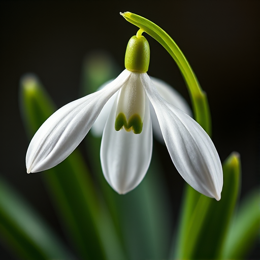 Create a highly detailed botanical illustration of a snowdrop flower with a focus on its elegant drooping blossoms and slender green leaves, captured with a macro lens at f/2.8, ISO 100, 1/200s, using a DSLR camera with studio lighting for optimal clarity and vibrant colors.