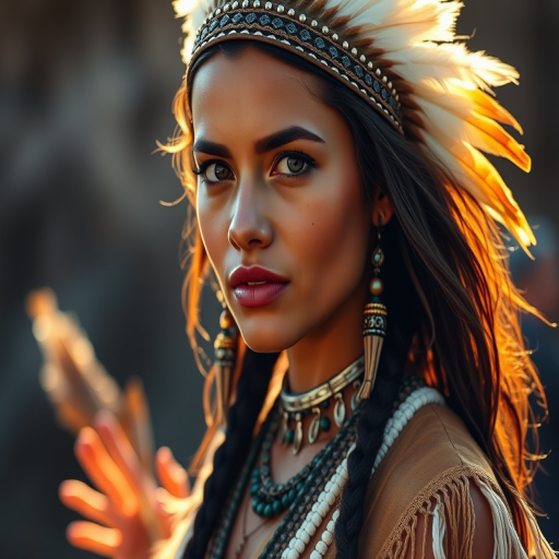 portrait of a young woman in tribal attire with feathers and jewelry, natural sunlight at golden hour, shallow depth of field, 85mm lens, f/1.8 aperture, ISO 100, soft focus background, high-resolution, DSLR camera