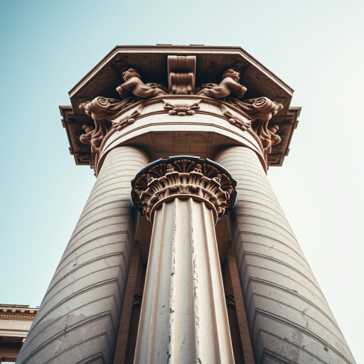 Create a high-quality image of a classical Greek column with intricate detailing, 50mm focal length, aperture f/2.8, ISO 100, taken from a low angle view to emphasize the height and perspective, using a DSLR camera in natural lighting.