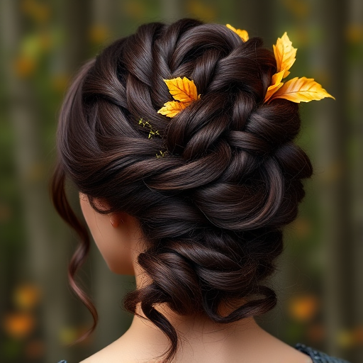 Rich chocolate brown hair styled in an elaborate updo with braided crown and cascading tendrils, embellished with golden leaves for a regal forest nymph look called Woodland Empress