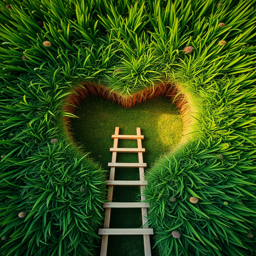 create a vibrant illustration of a heart-shaped hole in green grass with a wooden ladder leading down, using a Canon EOS R5, 50mm lens, f/1.8 aperture, ISO 100, aperture priority mode, top-down view, high dynamic range for enhanced detail and contrast.