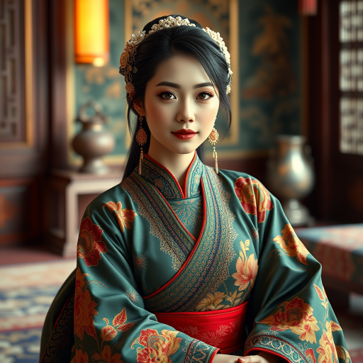 A beautiful woman in traditional East Asian attire, intricately detailed with embroidered patterns, sitting gracefully in a richly decorated room, soft ambient lighting, serene and elegant, ultra-realistic, 8K resolution