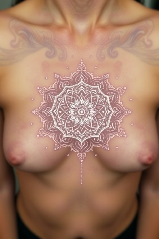 Ethereal white ink mandala tattoo with intricate lace-like patterns and delicate dotwork, creating a subtle yet mesmerizing design that seems to glow on the skin, placed on the sternum