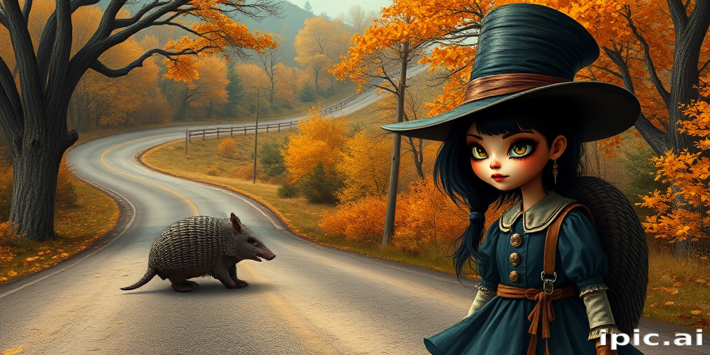 digital art fantasy depicting a strange girl with black hair, long eyelashes, orange lipstick and a tall hat walking along a winding road on an autumn afternoon, an armadillo smiles as he passes