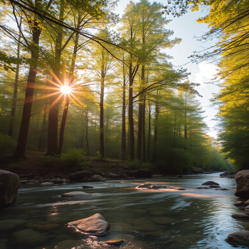 Create an image of a serene, sunlit forest scene with a clear, gently flowing river. Tall trees with lush green foliage line both sides of the river, their leaves bathed in the warm golden light of the setting or rising sun. The sunlight filters through the trees, casting soft, dappled light on the river, which flows over smooth rocks and pebbles, creating a peaceful, natural atmosphere. The sky is bright with a few scattered clouds, and the overall mood is tranquil, evoking a deep sense of connection with nature. The image captures the beauty of a calm, pristine forest landscape at either dawn or dusk.