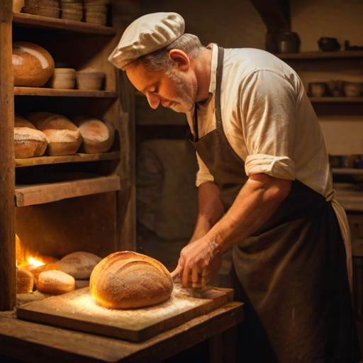 Warmly lit image of a baker pulling fresh bread from a wood-fired oven, soft golden light illuminating the rustic kitchen, with flour dusted on the countertop and shelves filled with jars of ingredients.