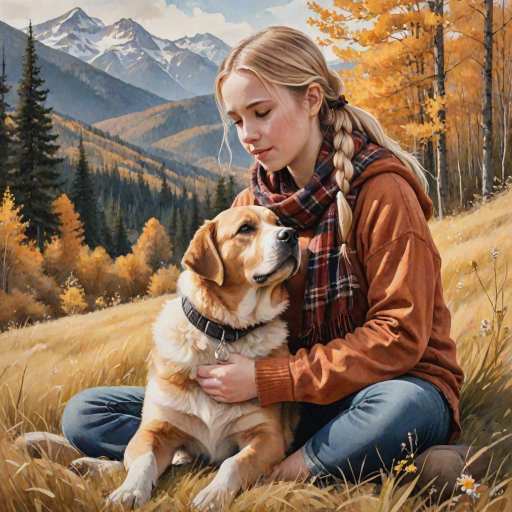A detailed watercolor and acrylic illustration showing a heartwarming scene between a young blonde girl in pigtails and a Bearnaise Mountain dog. The girl, dressed in a rust hoodie, jeans, and a plaid scarf, gently rests her hand on the dog’s head. The dog, with black, copper, and white fur, sits beside her, tilting its head in affection. They sit on golden grass with wildflowers, against a sunny fall background. The artwork focuses on realistic textures and the tender bond between them.