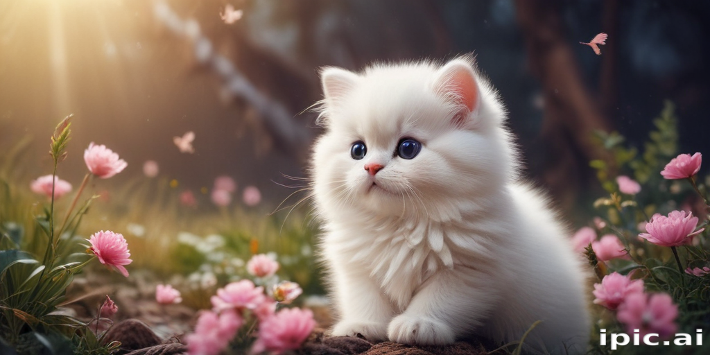 A Cute White Kitten Surrounded by Colorful Flowers in a Sunny Meadow.