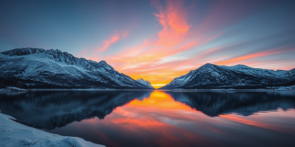 Capture a serene winter landscape at sunset with snow-covered mountains reflecting in calm water, using a Canon EOS R5 with a 24-70mm f/2.8 lens, aperture set to f/8, ISO 100, shutter speed 1/125s, shot from a low angle to enhance the foreground details and create a dramatic sky effect.