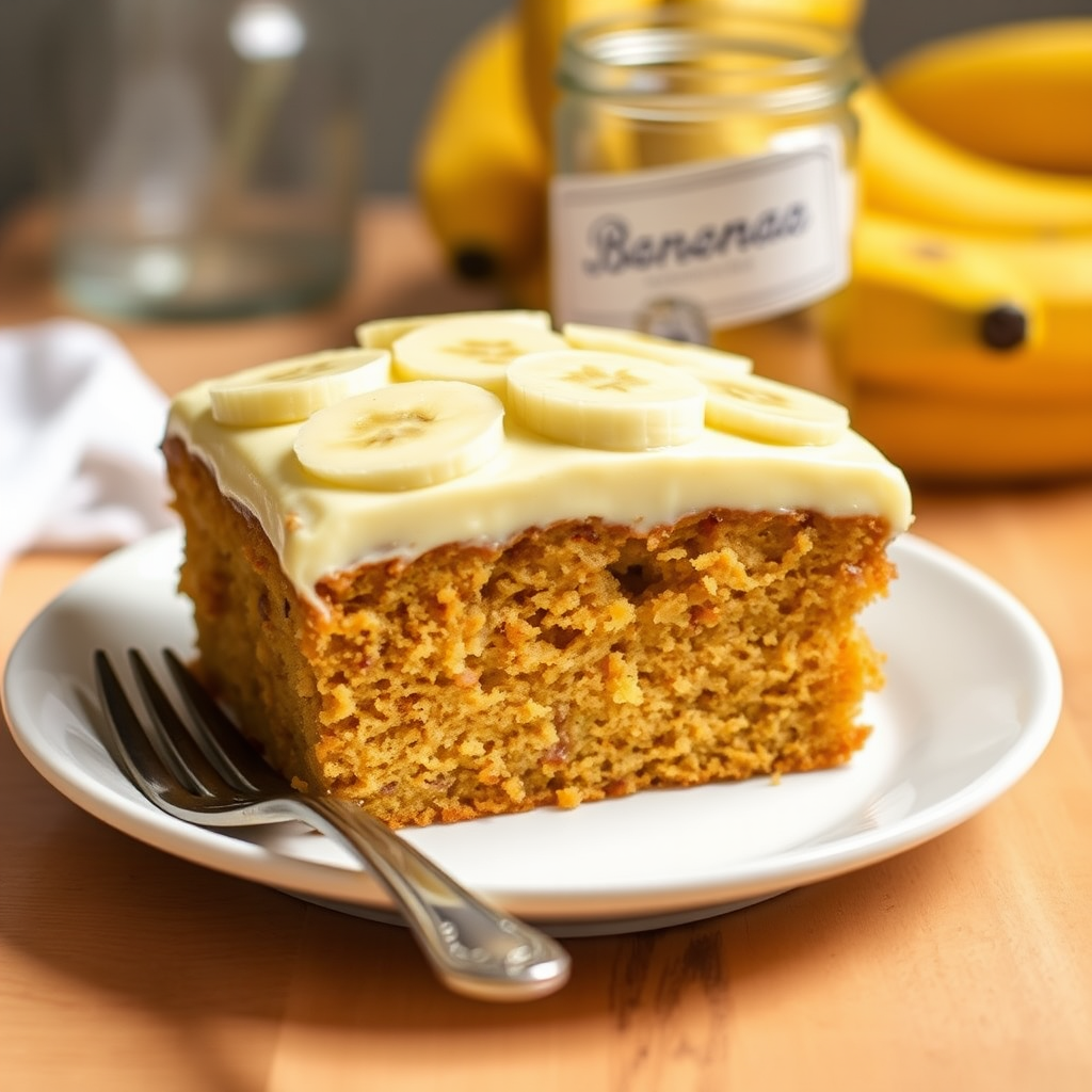 A slice of moist banana cake with creamy frosting topped with banana slices on a white plate with a fork beside it, set against a blurred background of more bananas and a jar, showcasing a cozy kitchen atmosphere.