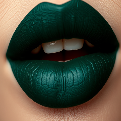 Dark forest green lips with a matte finish, showcasing a daring and unconventional color choice, perfect for a high-fashion editorial spread
