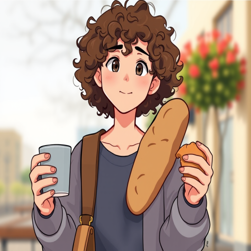 Create an illustration of a person with curly hair wearing a casual outfit, holding a loaf of bread in one hand and a cup in the other, captured with a shallow depth of field, 50mm lens, f/1.8 aperture, outdoor natural lighting, slightly tilted angle to emphasize warmth and comfort.