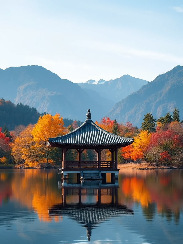 Create a serene landscape image of a traditional wooden pavilion on a still lake surrounded by vibrant autumn foliage with mountains in the background, using a Canon EOS R5, 50mm lens, aperture f/8, ISO 100, and a shallow depth of field for optimal clarity and color saturation.