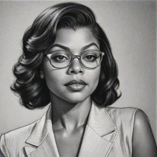 Radiant Taraji P. Henson, pencil sketch, portrait of Sublime woman 1938s in glasses, hair style beatnik, outline, clear lines, fine lines, 8k
