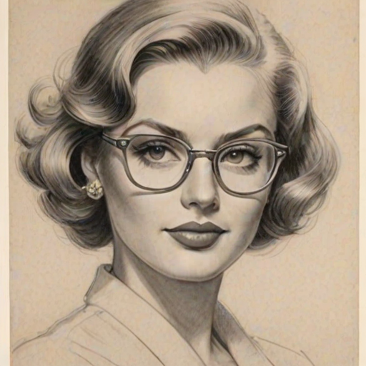 Ravishing Sophia Turner, pencil sketch, portrait of Enticing woman 1949s in glasses, hair style beatnik, outline, clear lines, fine lines, 8k
