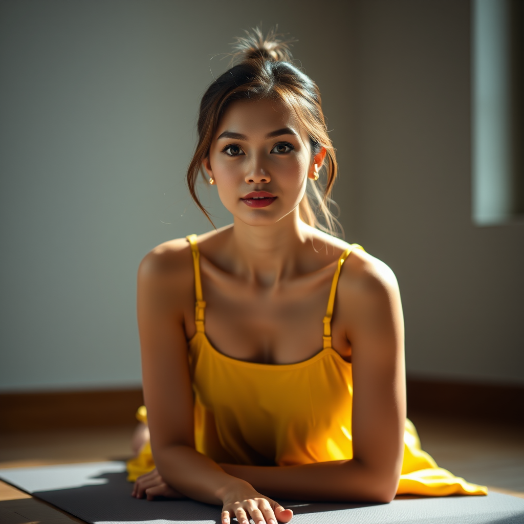 Resplendent photo of woman:Chinese:0.4, highlight hair, wearing Banana dress, sitting on Yoga mat, rim lighting, studio lighting, looking at the camera, dslr, ultra quality, sharp focus, tack sharp, dof, film grain, Fujifilm XT3, crystal clear, 8K UHD, highly detailed glossy eyes, high detailed skin, skin pores