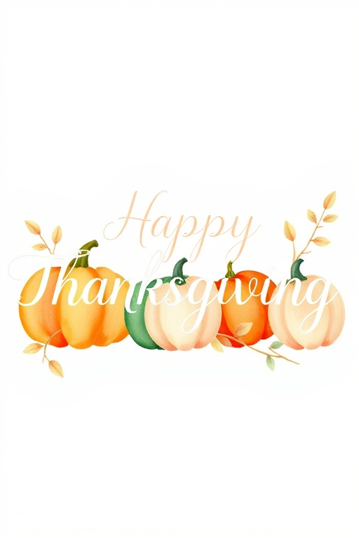 Create an image featuring the text Happy Thanksgiving in a beautiful cursive font with watercolor pumpkins in shades of orange green and white arranged in a line alongside delicate leaves and stems in soft pastel colors