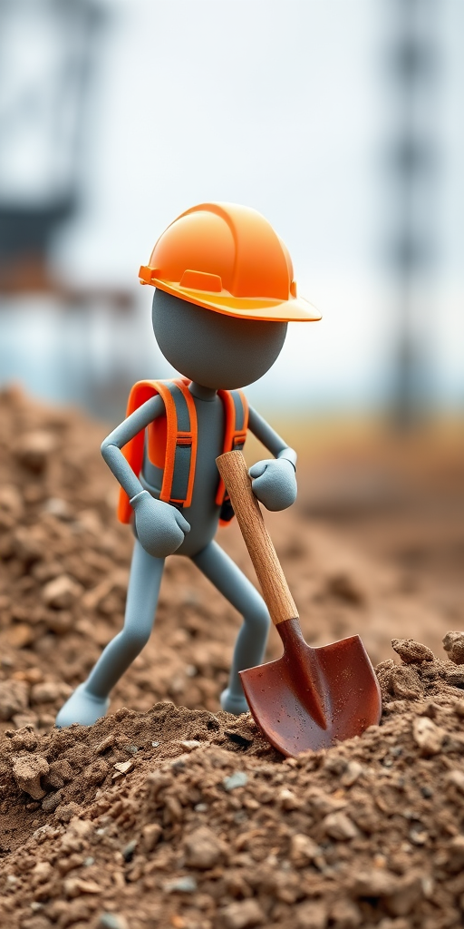 Create an image of a stick figure construction worker wearing an orange hard hat, actively digging with a shovel into a pile of dirt, using a high-resolution digital camera, with a 50mm lens, f/2.8 aperture, and a 1/200 shutter speed, captured from a slightly elevated angle to highlight the action and surrounding area.