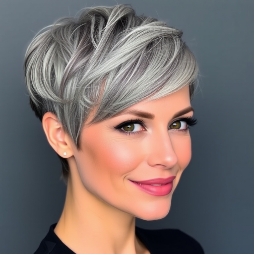 Sophisticated salt-and-pepper haired woman with a chic, tapered pixie cut, exuding confidence and embracing natural beauty