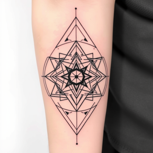 Abstract geometric tattoo titled "Sacred Symmetry" incorporating precise shapes and lines to form a balanced composition inspired by sacred geometry and architectural elements