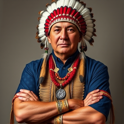 Create a dignified portrait of a Native American man dressed in traditional attire. He wears a beautifully crafted headdress adorned with white feathers and red beads, along with a beaded headband featuring intricate patterns. His clothing includes a deep blue, patterned shirt and a traditional chest piece with detailed beadwork. His arms are crossed, displaying leather armbands decorated with feathers. The background is simple and neutral, emphasizing his proud and stoic expression. The overall image captures the rich cultural heritage and strength of his persona.