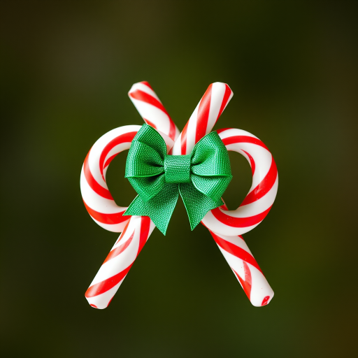 Generate a high-resolution image of two crossed candy canes with a green bow in the center, using a wide-angle lens at f/4 to create a sharp focus on the details, ISO 100 for clarity, and natural lighting to enhance colors.
