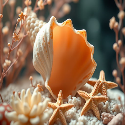 Create a high-resolution digital painting of a large seashell surrounded by soft ocean plants and small starfish, using a Canon EOS R5 with a 50mm f/1.2 lens, with settings at ISO 100, f/2.8, and a soft focus background for a dreamy effect.