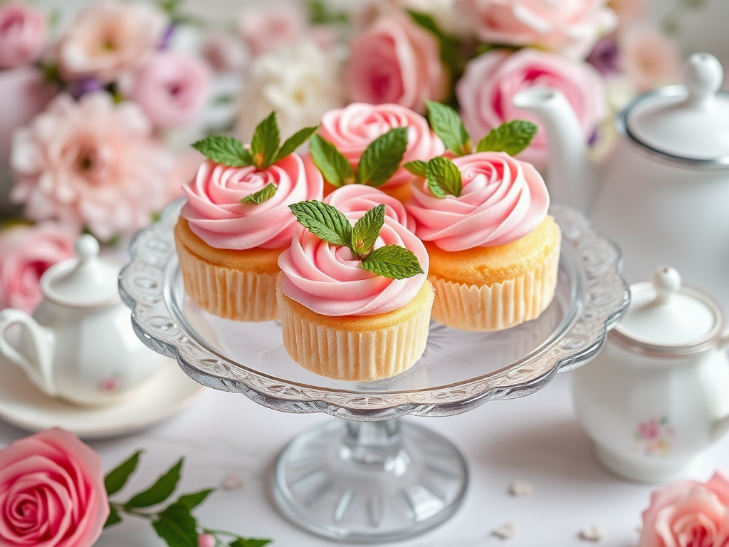Create an image of a clear glass cake stand displaying several small layered cakes with pink frosting shaped like roses on top and fresh mint leaves as decoration surrounded by a soft floral background and a delicate tea set in the scene.