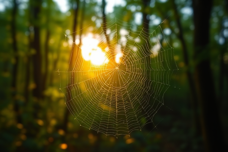 Softly focused close-up of a dew-covered spider web in a forest at dawn, soft sunlight filtering through the trees, with vibrant green foliage blending into the background and a peaceful, serene atmosphere.