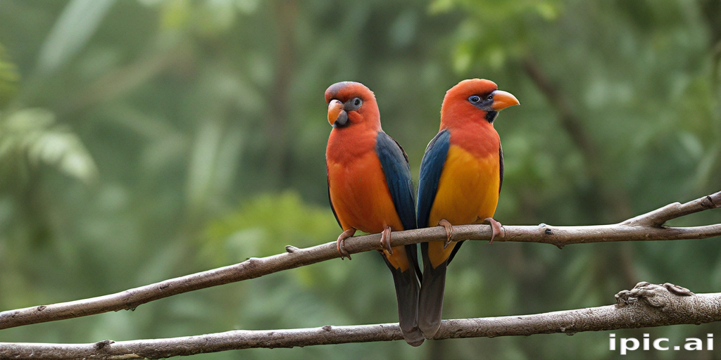 Two Colorful Parrots Perched Together on a Branch in Nature
