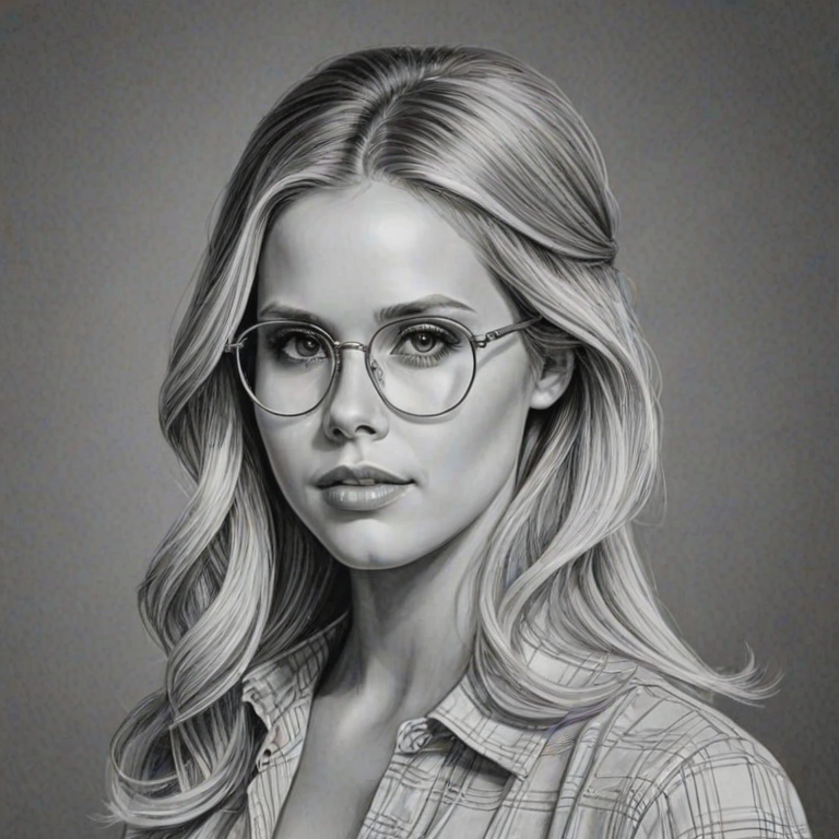 Comely Claire Holt, pencil sketch, portrait of Magnificent woman 1970s in glasses, hair style beatnik, outline, clear lines, fine lines, 8k