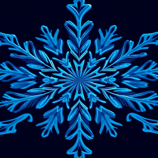 Create a detailed digital illustration of a snowflake design with varying shades of blue, featuring intricate geometric patterns, using a high-resolution setting at 300 DPI, shot with a macro lens on a digital SLR camera, from a top-down view to emphasize depth and detail in the structure.