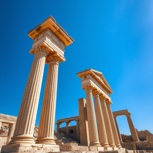 capture an ancient ruin with weathered stone columns and fragmented structures under a bright blue sky, use a Canon EOS 5D Mark IV with a 24-70mm f/2.8 lens, aperture f/8, ISO 100, shutter speed 1/200 sec, shoot from a low angle to emphasize the structure, use a wide-angle view for depth and detail.
