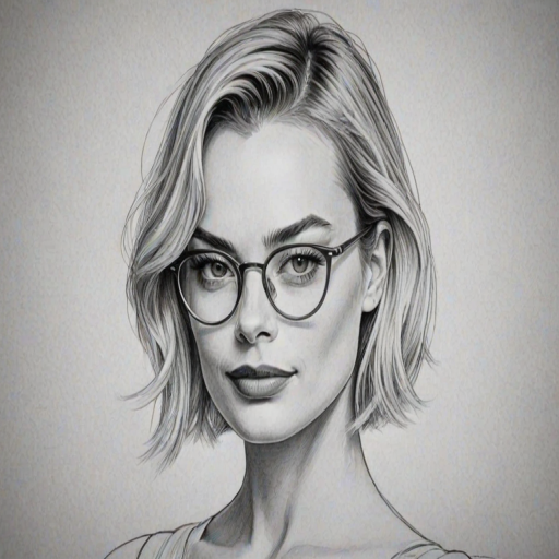 Graceful Margot Robbie, pencil sketch, portrait of Attractive woman 1927s in glasses, hair style beatnik, outline, clear lines, fine lines, 8k