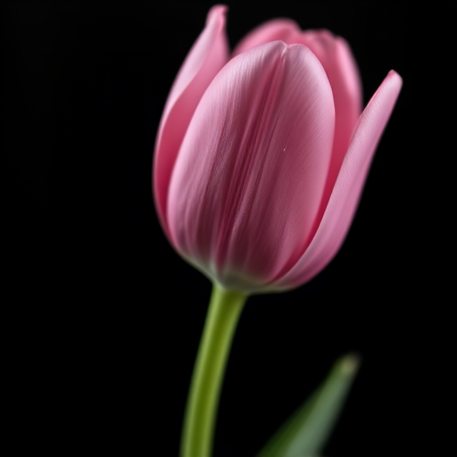 Close-up of a pink tulip against a dark background, shallow depth of field, aperture f/2.8, ISO 100, 50mm lens, soft focus, natural lighting, DSLR camera.