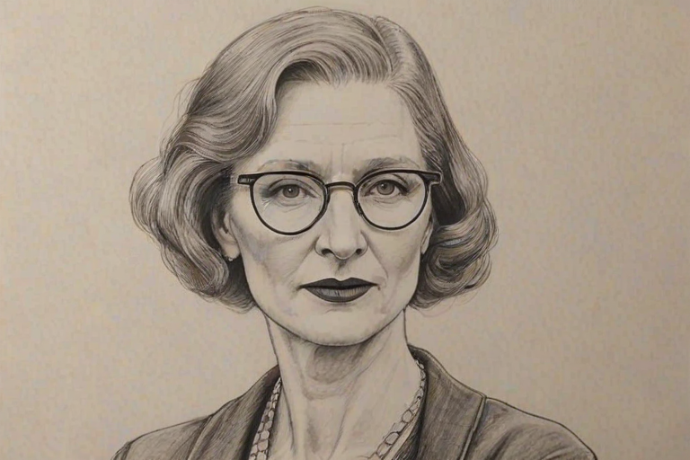 Magnificent Frances Conroy, pencil sketch, portrait of Stunning woman 1927s in glasses, hair style beatnik, outline, clear lines, fine lines, 8k