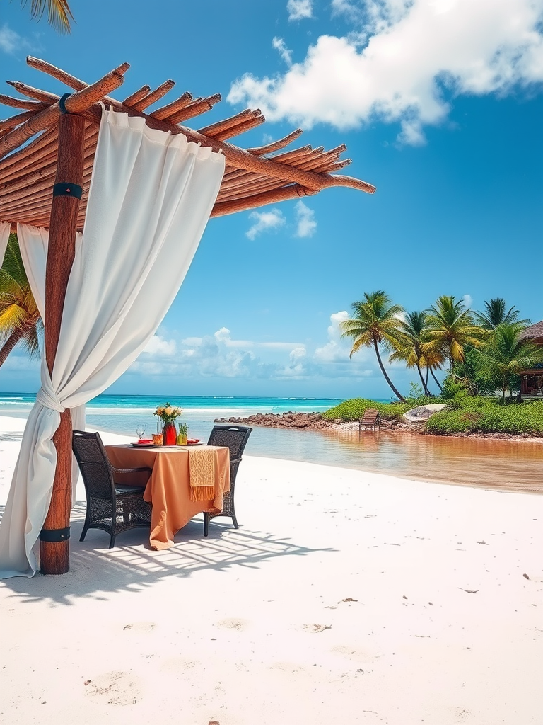 Create a picturesque tropical beach scene featuring a serene, white sandy shore. In the foreground, there's a rustic wooden canopy with white drapes gently flowing in the breeze. Underneath the canopy, a table is set with tropical decor, evoking a sense of relaxation and leisure. The beach extends into a calm, shallow water area with reflections of the sky and surroundings. Palm trees and lush greenery line the edge of the beach, providing a natural, tropical backdrop. The sky is clear with a few scattered clouds, and the overall atmosphere is tranquil and inviting, perfect for a peaceful retreat.